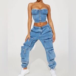 Women's Blue Denim Cargo Jeans and Top